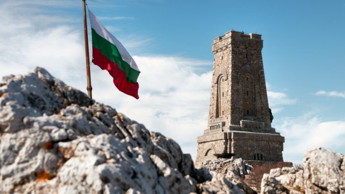 Bulgarian flag and shipka monument