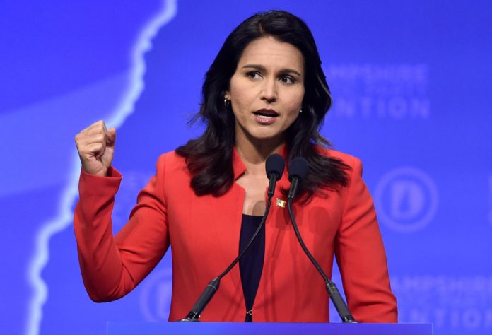 Democratic 2020 U.S. presidential candidate and U.S. Representative Tulsi Gabbard (D-HI) speaks at the New Hampshire Democratic Party state convention in Manchester