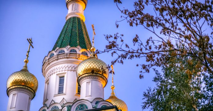 The beautiful golden domes of the church of Saint Nicholas in the historic heart of Sofia in Bulgaria