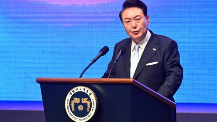 South Korean President Yoon Suk-Yeol speaks during the celebration of the 79th National Liberation Day