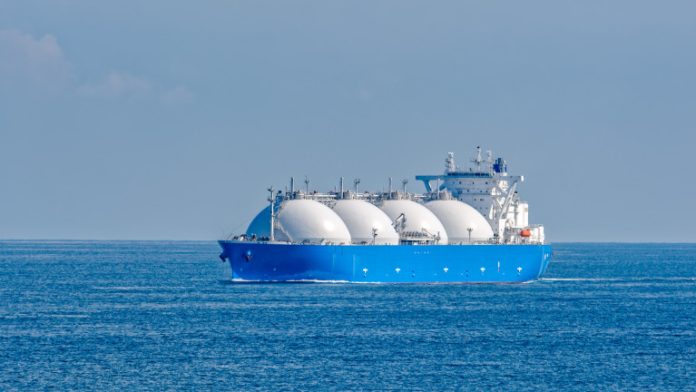 LNG tanker is passing by Singapore Strait.