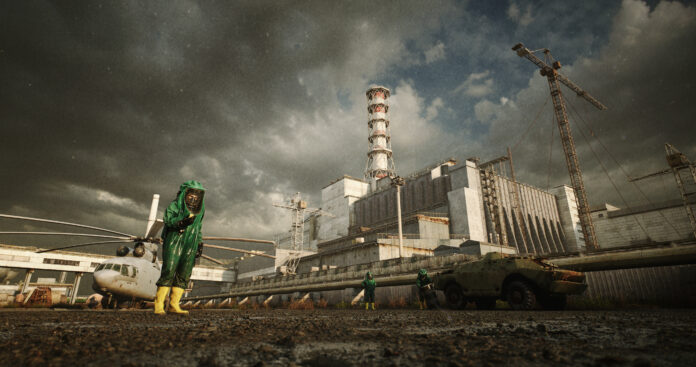 Scientists in Protective Suits Inspecting the Chernobyl Nuclear Power Plant